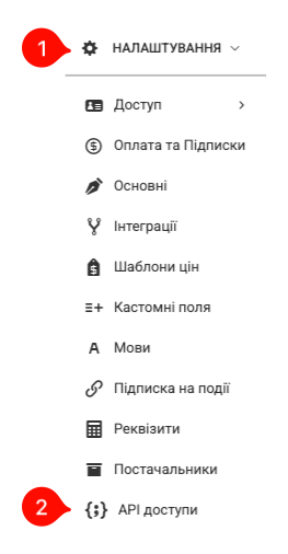 Розділ API доступи в налаштуваннях платформи Fasunok